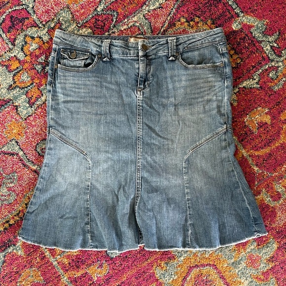 Paige | Women's Medium Blue Denim Pico Jean Skirt, trumpet flare, pockets, sz 32 - Picture 12 of 13